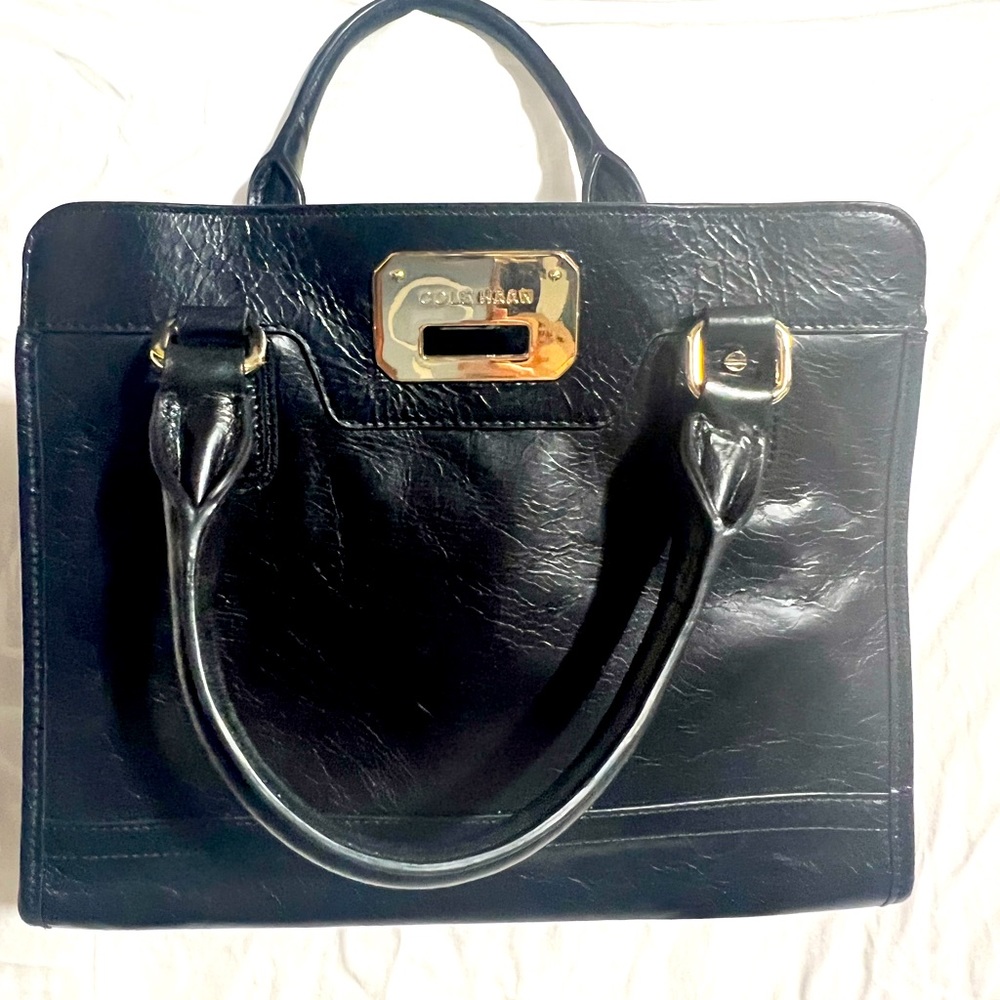 Cole Haan Carrington black leather small tote with brass look hardware